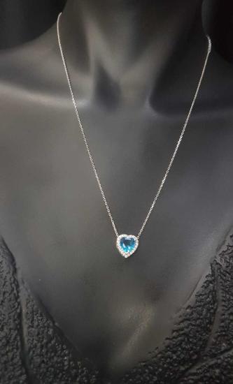 Swarovski Aqua Taşlı Pandora’s Model Kalp Detay 925 Gümüş • Sevgiliye • Eşe • Arkadaşa Hediye Kolye