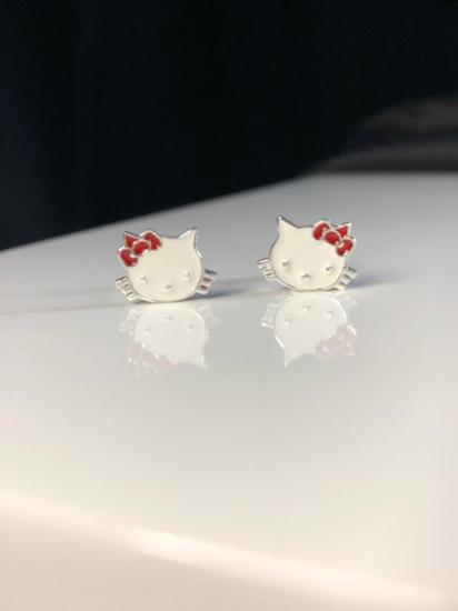 Vog Mine İşlemeli 925 Ayar Gümüş Hello Kitty Kedicik Model Hediyelik Çocuk,Bebek Küpesi