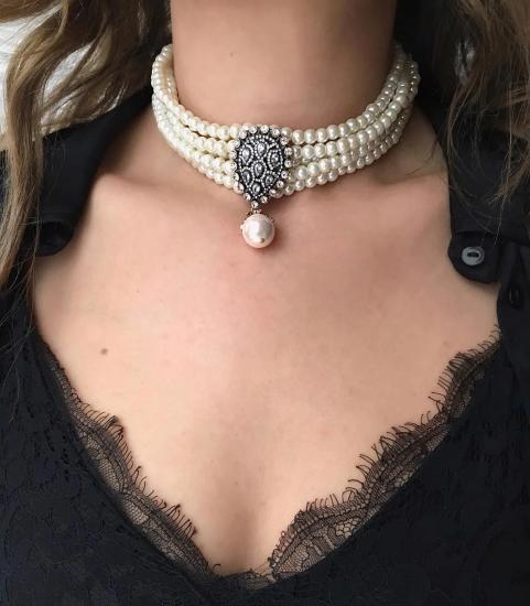 Vog 5 Sıra Cam İnci Tasarım Choker - Elmas Montür Hürrem Sultan Modeli Gelin Nişan Choker Gerdanlık