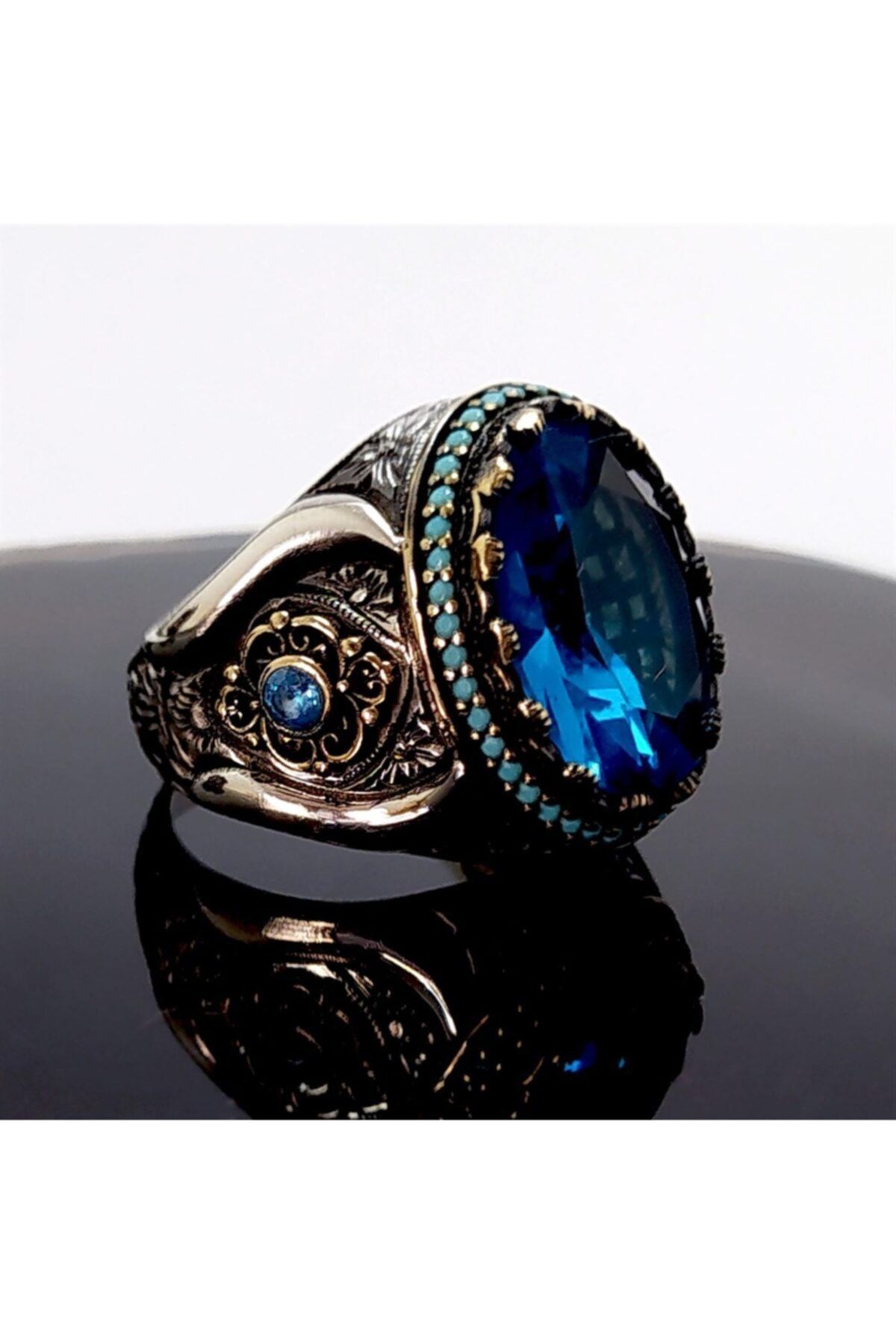 Blue%20Topaz%20Aquamarin%20Taşlı%20925%20Ayar%20Gümüş%20Erkek%20Yüzük