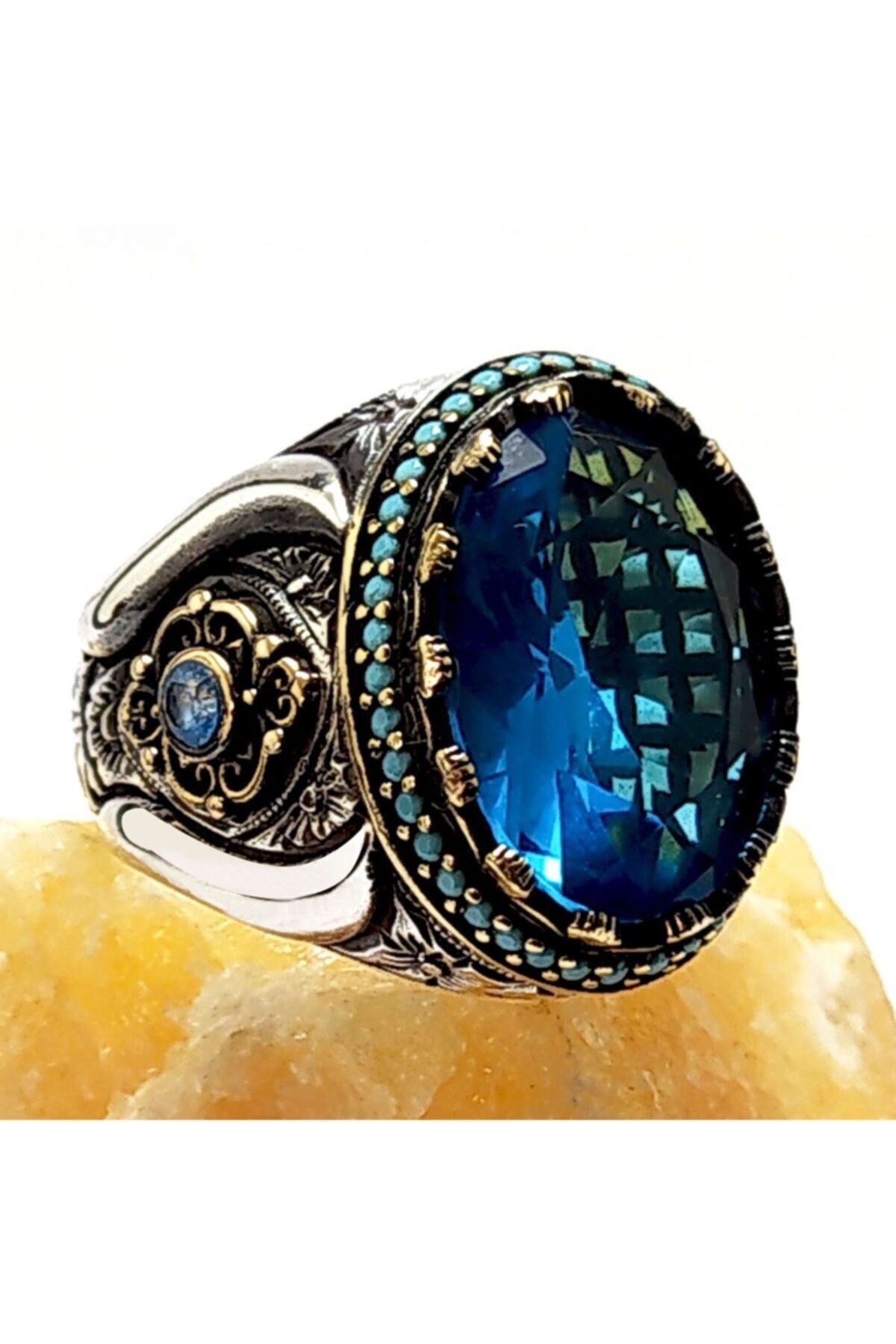 Blue%20Topaz%20Aquamarin%20Taşlı%20925%20Ayar%20Gümüş%20Erkek%20Yüzük