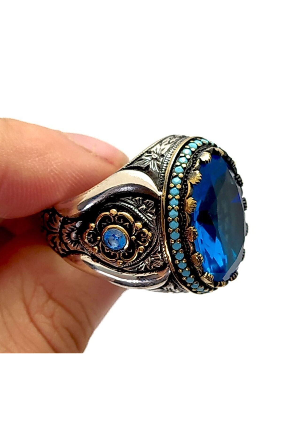 Blue%20Topaz%20Aquamarin%20Taşlı%20925%20Ayar%20Gümüş%20Erkek%20Yüzük